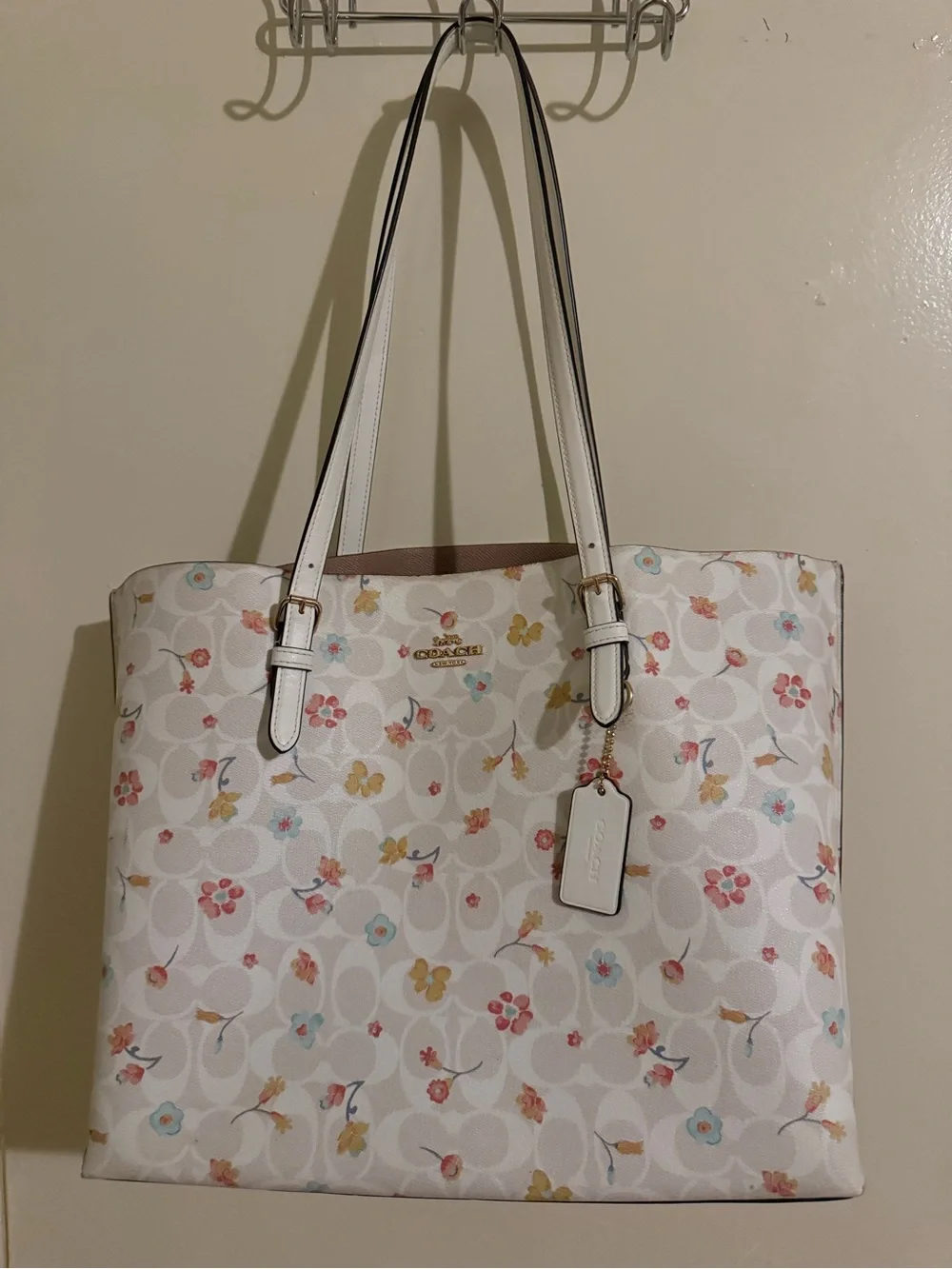 Coach White Floral Signature Tote with Multicolor Blossoms